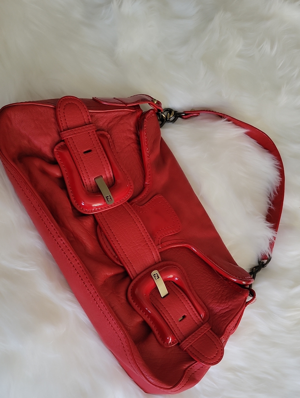 Fendi Red Leather Shoulder Bag - Designer Buckle Detail
